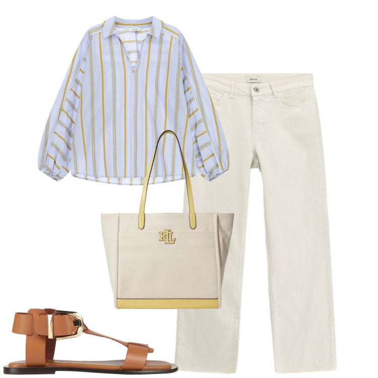 Outfit donna - Maggio. Stile Casual chic per Tutti i giorni. Abbinamento con sandali alla schiava, bluse, pantaloni, borse tote.