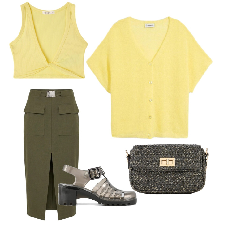 Outfit donna - La gonna longuette. Stile Casual per Tutti i giorni. Abbinamento con cardigans, borse a tracolla, top, gonne longuette, sandali col tacco.