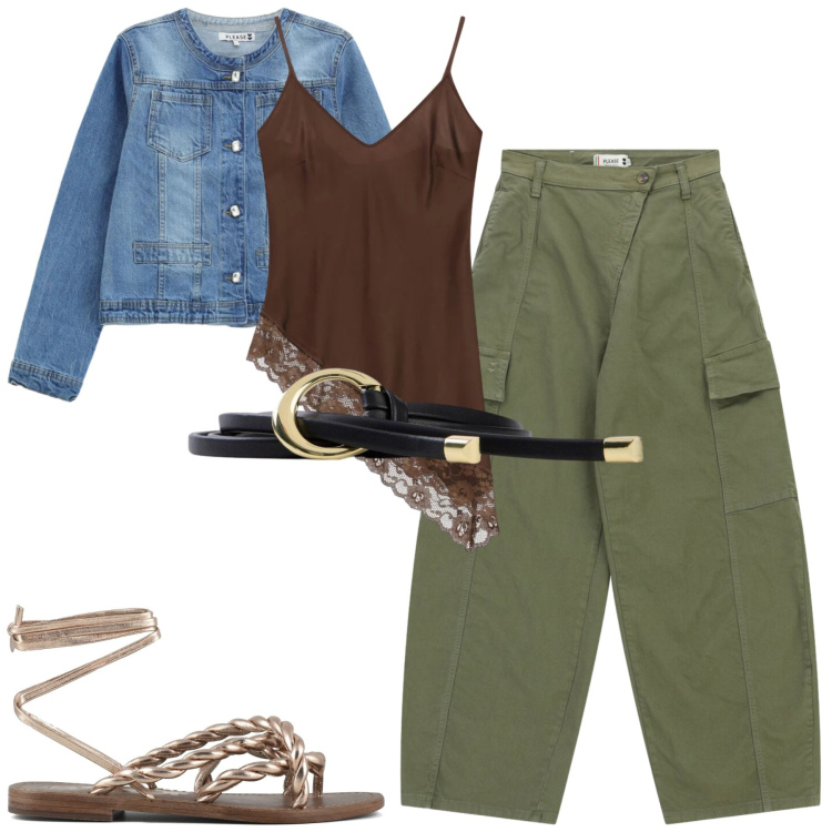 Outfit donna - Maggio. Stile Trendy per Tutti i giorni. Abbinamento con cinture, top, pantaloni cargo, blazer, sandali in pelle.