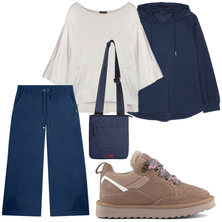 Outfit donna - Vestibilità comoda. Stile Sporty chic per Sport. Abbinamento con borse a tracolla, bluse, felpe con cappuccio, pantaloni, sneakers alte.