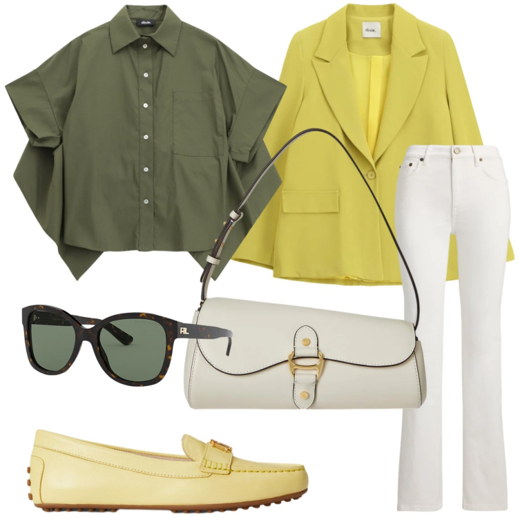 Outfit donna - Camicia cropped. Stile Bon Ton per Tutti i giorni. Abbinamento con camicie a manica corta, blazer, mocassini, occhiali da sole, borse a spalla, jeans dritti.