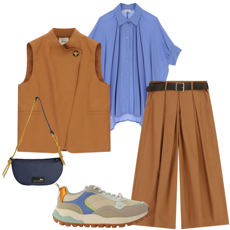 Outfit donna - Maggio. Stile Urban per Ufficio. Abbinamento con borse a tracolla, pantaloni a palazzo, camicie, sneakers, gilet.