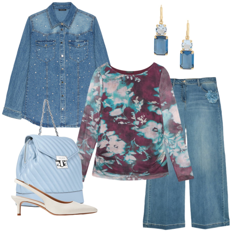 Outfit donna - Primavera inoltrata. Stile Casual chic per Tutti i giorni. Abbinamento con zaini, camicie, jeans, t-shirt, orecchini, décolleté.