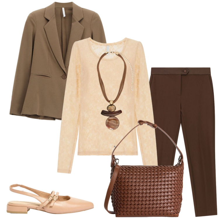 Outfit donna - Total look #2396544. Stile Casual chic per Ufficio. Abbinamento con ballerine, borse a spalla, blazer, pantaloni, bluse, ciondoli.