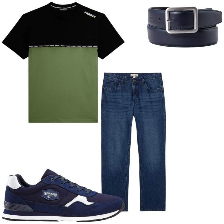 Outfit uomo - Total look casual. Stile Urban per Tutti i giorni. Abbinamento con sneakers, jeans dritti, t-shirt, cinture.