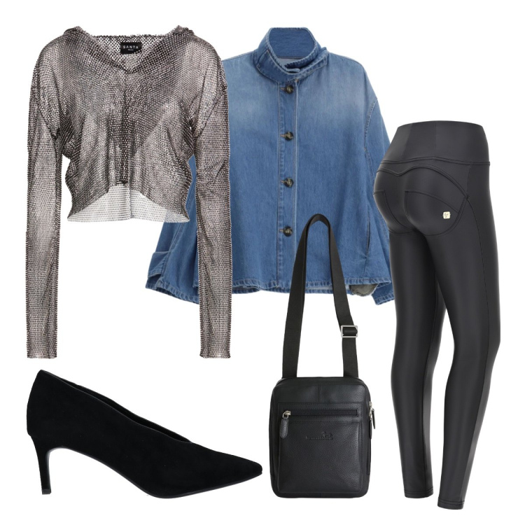 Outfit donna - Serata fuori. Stile Sexy per Serata fuori. Abbinamento con décolleté, top, borse a tracolla, blazer, pantaloni skinny.