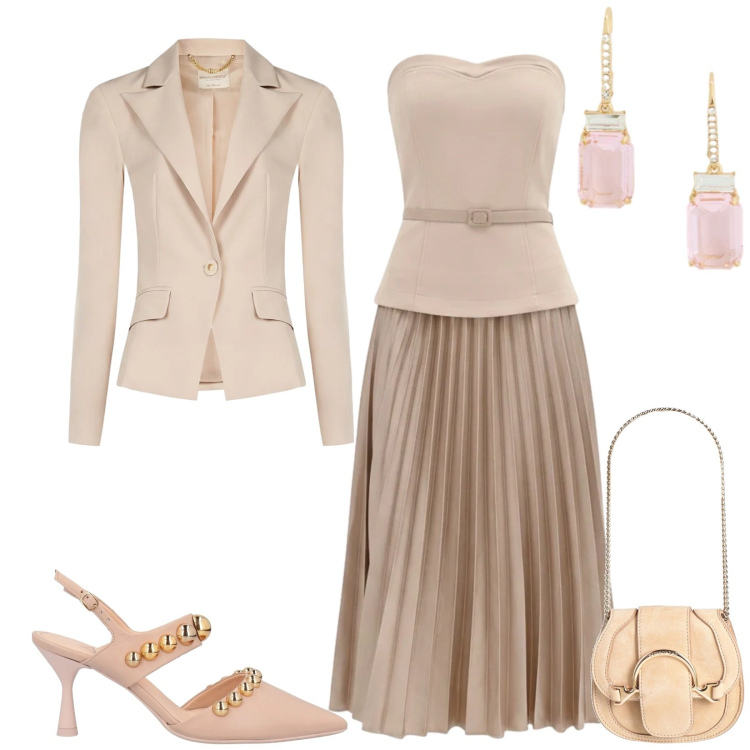 Outfit donna - Cerimonia a Maggio. Stile Bon Ton per Cerimonia. Abbinamento con marsupi, décolleté, vestiti midi/longuette, blazer, orecchini.