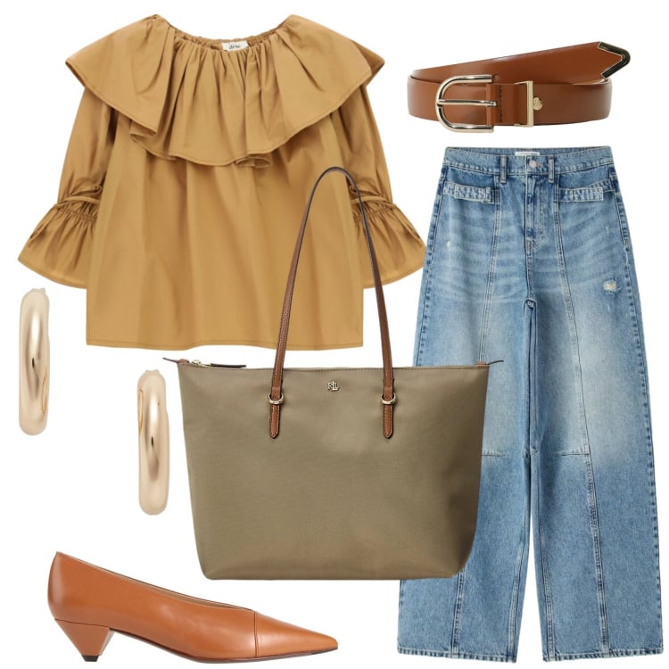 Outfit donna - Colori speziati. Stile Glamour per Tutti i giorni. Abbinamento con décolleté, jeans, cinture, camicie, orecchini, borse tote.
