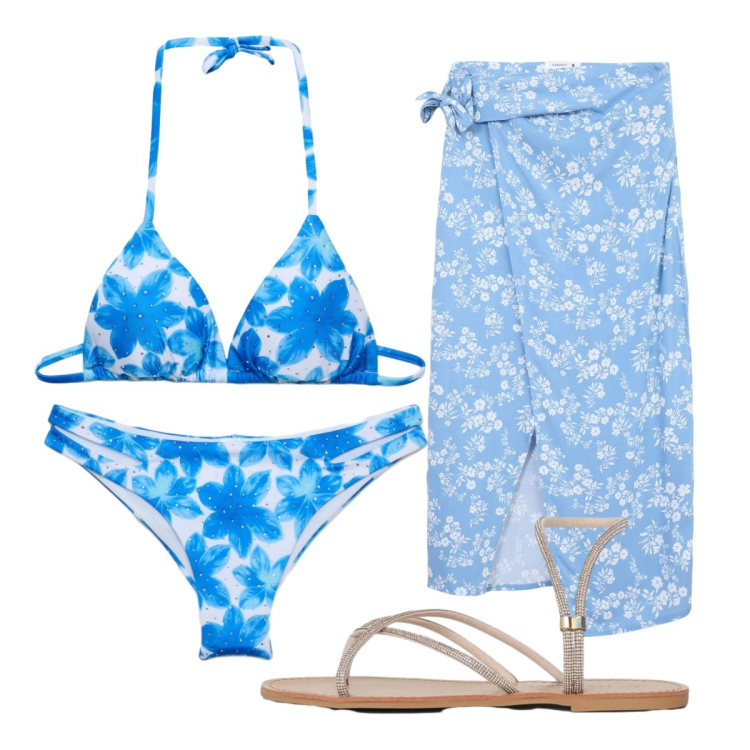 Outfit donna - Fiori Terranova in spiaggia. Stile Romantica per Mare. Abbinamento con vestiti da spiaggia, sandali, bikini, bikini.