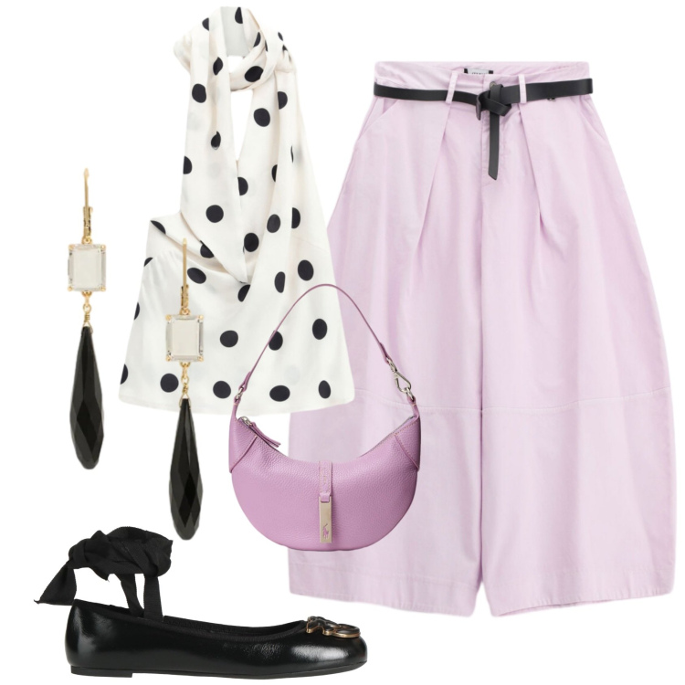Outfit donna - Pois di primavera. Stile Bon Ton per Tutti i giorni. Abbinamento con ballerine, top, pantaloni a palazzo, borse a spalla, orecchini.