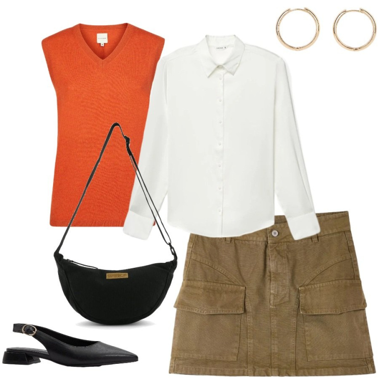 Outfit donna - Total look #2396565. Stile Casual chic per Tutti i giorni. Abbinamento con orecchini, ballerine, camicie, minigonne, maglieria, borse a tracolla.