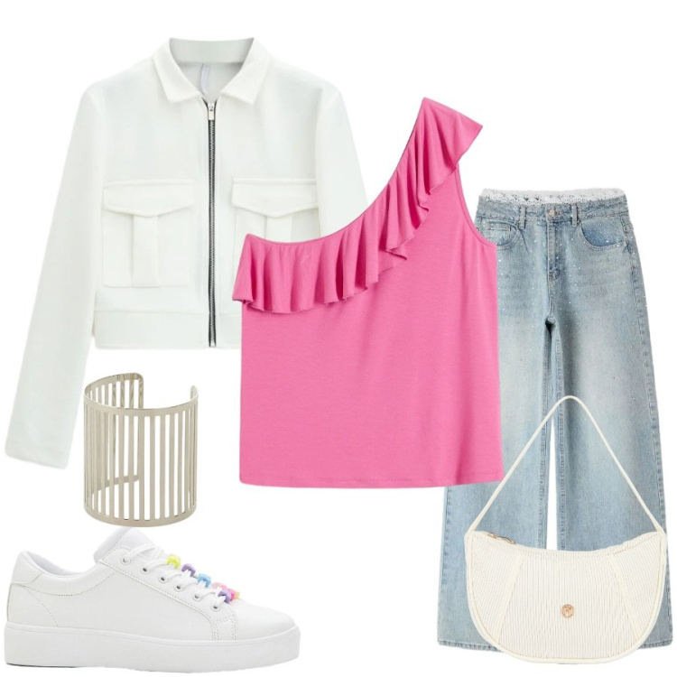 Outfit donna - Total look #2396568. Stile Casual chic per Tutti i giorni. Abbinamento con top, sneakers, jeans, cappotti, braccialetti, borse a mano.