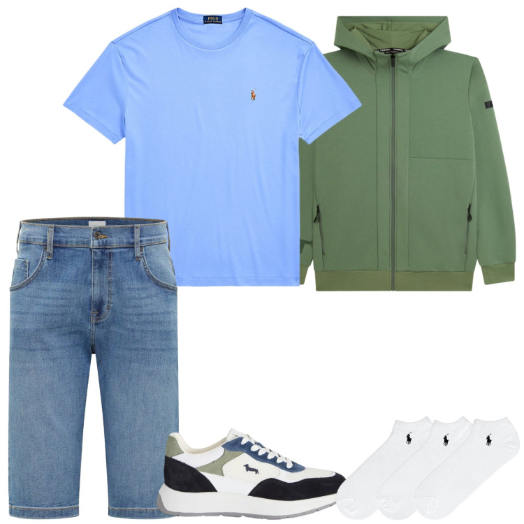 Outfit uomo - Total look #2396569. Stile Casual per Tutti i giorni. Abbinamento con bermuda, sneakers, felpe con cappuccio, calzini, t-shirt.