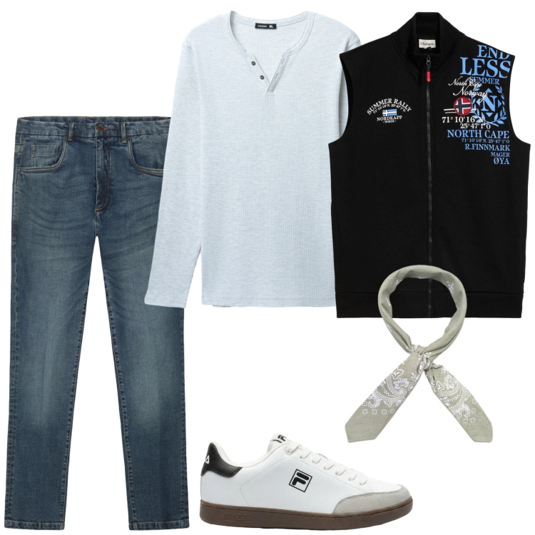 Outfit uomo - Total look #2396570. Stile Casual per Tutti i giorni. Abbinamento con gilet, sneakers, t-shirt, jeans, sciarpe e foulard.
