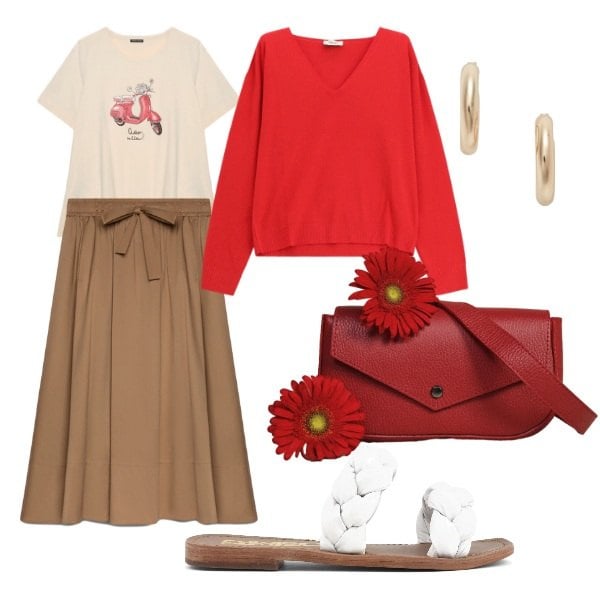 Outfit donna - la gonna e la t-shirt. Stile Basic per Tutti i giorni. Abbinamento con maglieria, borse a tracolla, gonne lunghe, t-shirt, orecchini, ciabatte.