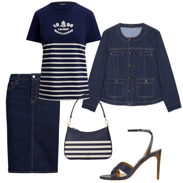Outfit donna - Denim & Navy. Stile Preppy per Ufficio. Abbinamento con blazer, gonne, sandali col tacco, borse a spalla, t-shirt.