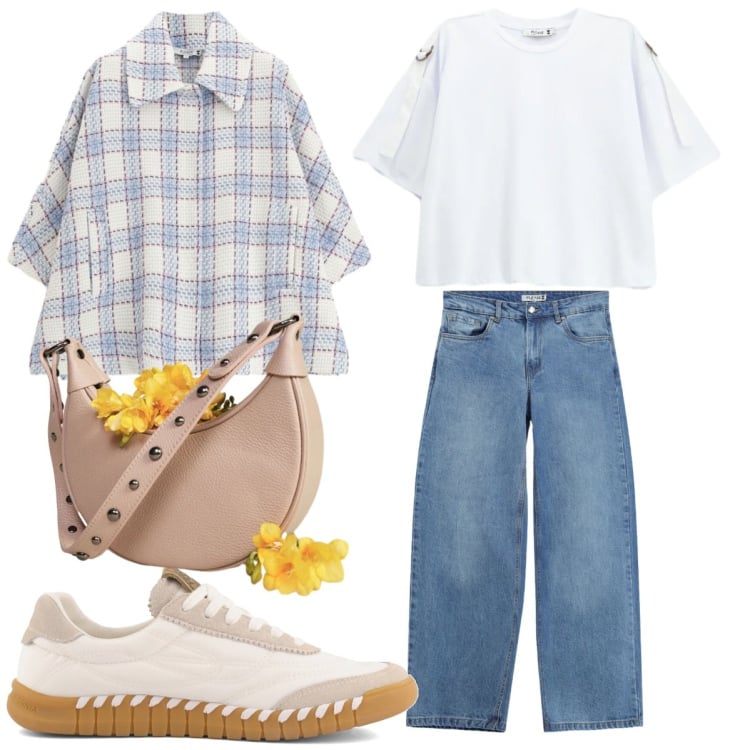 Outfit donna - Total look #2396576. Stile Casual chic per Tutti i giorni. Abbinamento con cappotti, t-shirt, jeans, borse a spalla, sneakers.