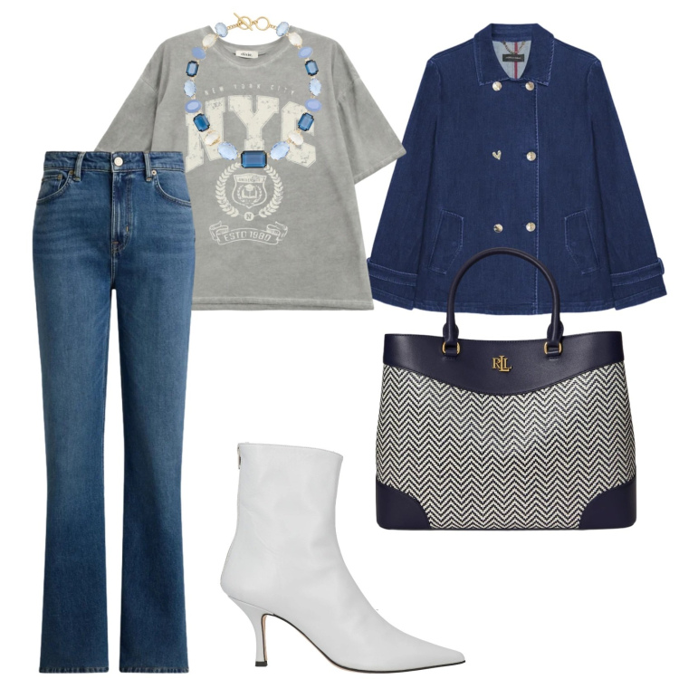 Outfit donna - Collana elegante. per Scuola/Università. Abbinamento con stivaletti, t-shirt, trench, borse a mano, collane, jeans dritti.