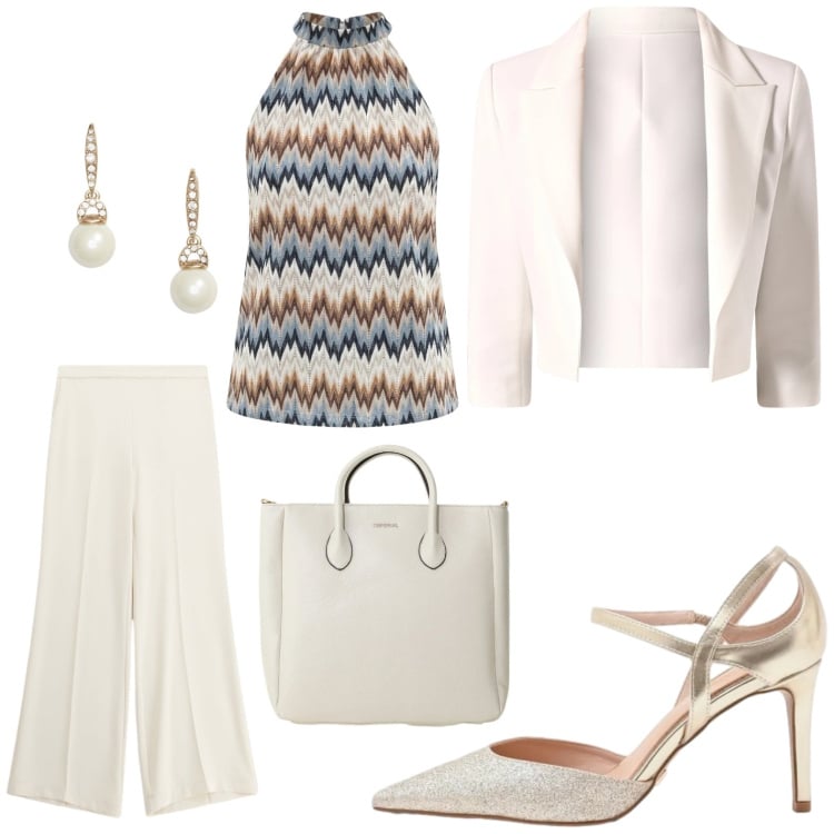 Outfit donna - Total look #2396579. Stile Chic per Cerimonia. Abbinamento con pantaloni a palazzo, borse a tracolla, canottiere, blazer, décolleté, orecchini.