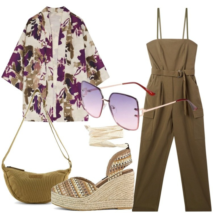 Outfit donna - Jumpsuit a maggio. Stile Trendy per Tutti i giorni. Abbinamento con occhiali da sole, tute, cappotti, zeppe, borse a tracolla.
