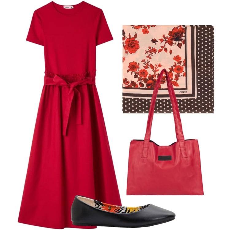 Outfit donna - Total look #2396582. Stile Bon Ton per Tutti i giorni. Abbinamento con ballerine, vestiti lunghi, foulard, shopping bag.