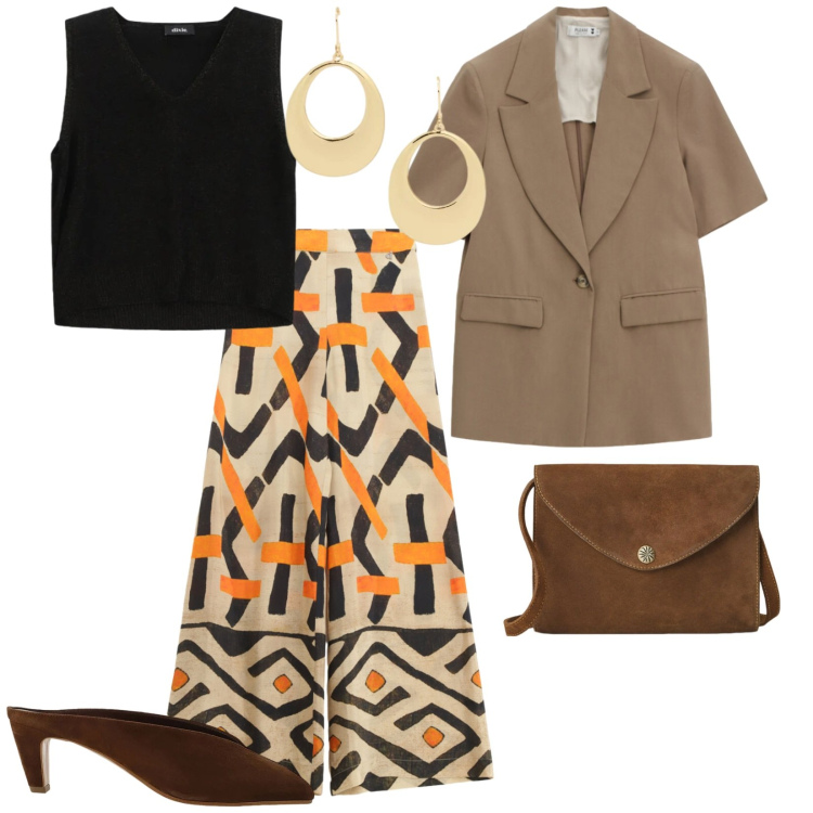 Outfit donna - Ufficio in estate. per Ufficio. Abbinamento con blazer, pantaloni a palazzo, sabot, top, borse a tracolla, orecchini.