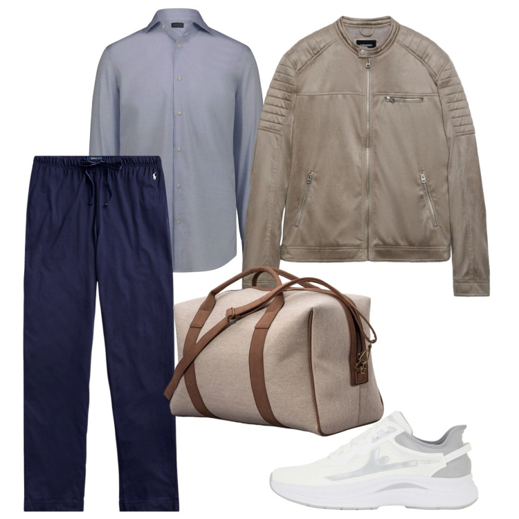 Outfit uomo - Breve viaggio. per Ufficio. Abbinamento con giacche, sneakers, camicie, borse sportive, pantaloni.
