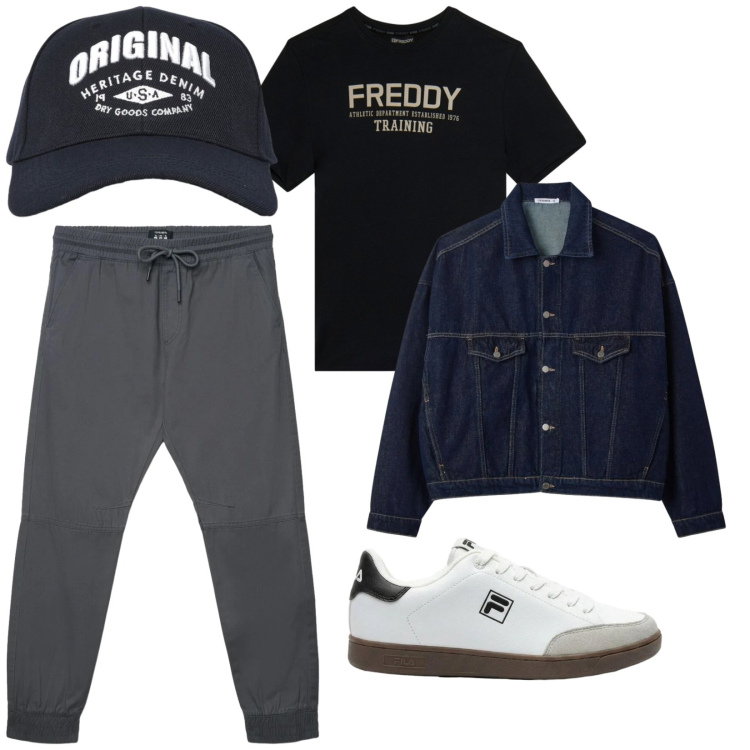 Outfit uomo - Sportivo. per Tutti i giorni. Abbinamento con sneakers, pantaloni, cappotti, cappelli con visiera, t-shirt.