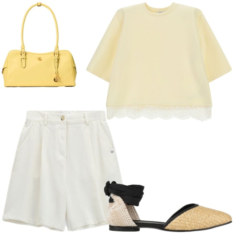 Outfit donna - Sinfonia di Limone e Pizzo#freetime. Stile Chic per Tutti i giorni. Abbinamento con ballerine, bermuda, t-shirt, borse a mano.