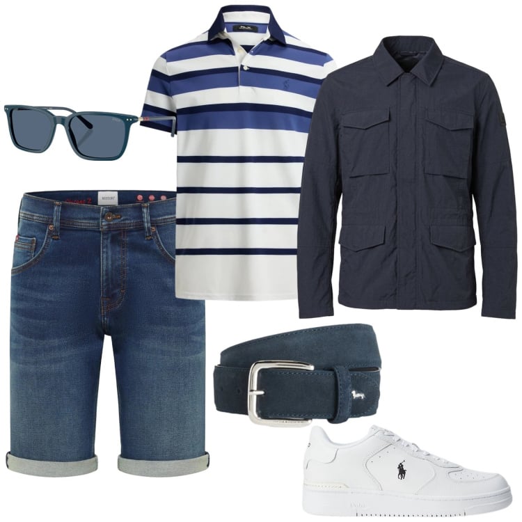 Outfit uomo - Vacanze di maggio. per Mare. Abbinamento con bermuda, cinture, sneakers, polo, occhiali da sole, cappotti.