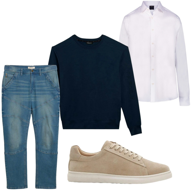 Outfit uomo - Il classico maglione blu. Stile Casual per Tutti i giorni. Abbinamento con jeans dritti, sneakers, felpe, camicie.