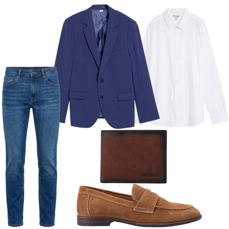 Outfit uomo - L\'emozione del blu. Stile Trendy per Tutti i giorni. Abbinamento con camicie, giacche, portafogli, jeans, scarpe stringate.