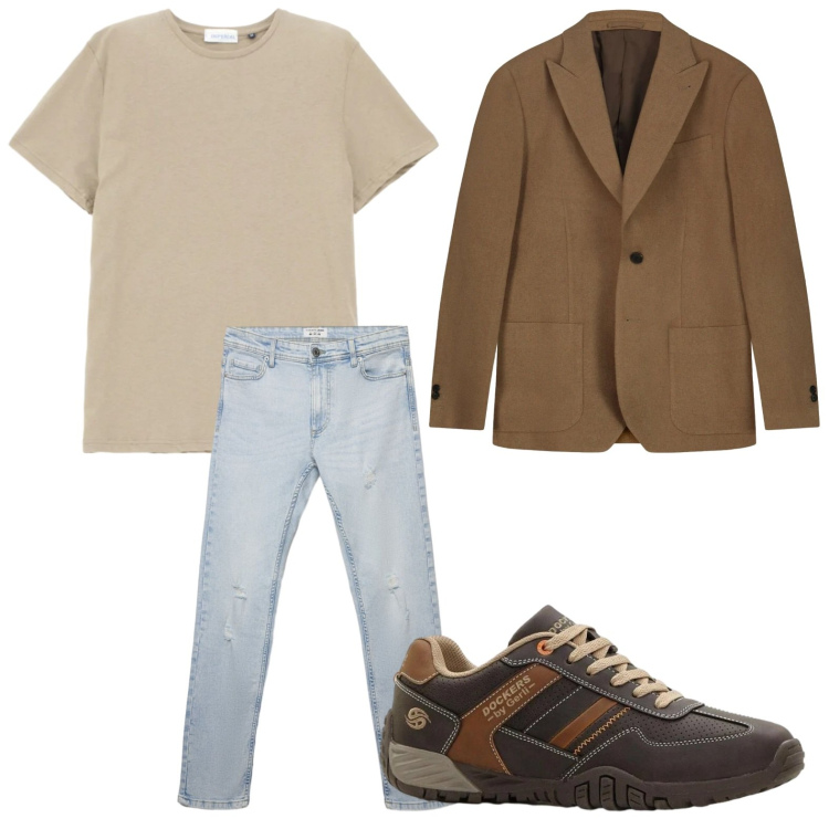 Outfit uomo - Blazer contemporaneo. Stile Trendy per Tutti i giorni. Abbinamento con sneakers, jeans strappati, t-shirt, giacche.