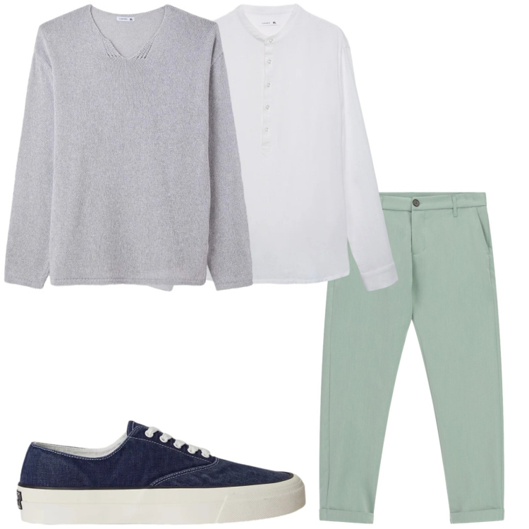 Outfit uomo - Tonalità fresche. Stile Casual per Tutti i giorni. Abbinamento con maglieria, camicie, pantaloni, sneakers.
