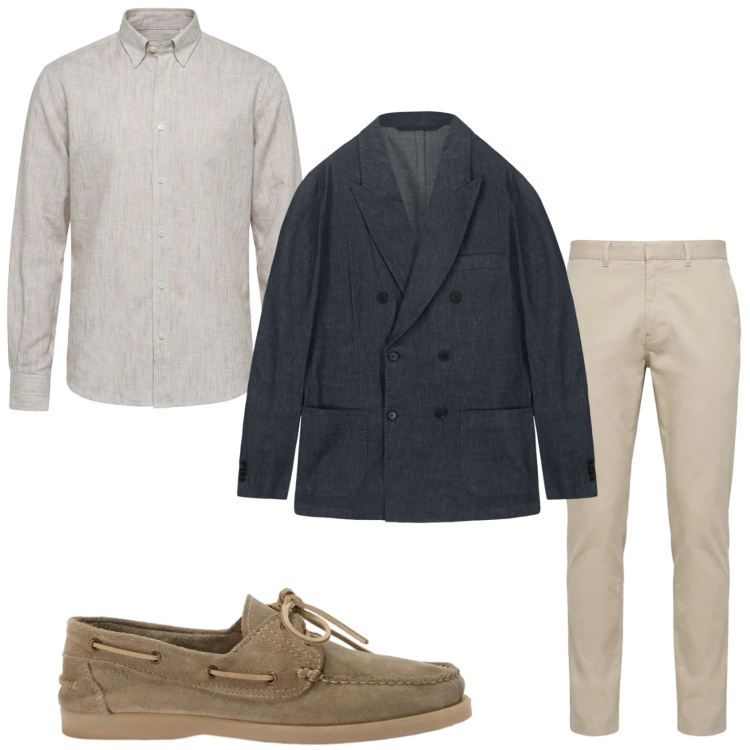 Outfit uomo - Capospalla doppiopetto. Stile Casual per Tutti i giorni. Abbinamento con pantaloni, scarpe stringate, camicie, giacche.
