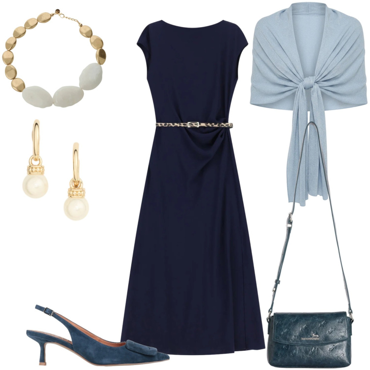 Outfit donna - Il vestitino blu. Stile Chic per Tutti i giorni. Abbinamento con décolleté, borse a tracolla, vestiti midi/longuette, stole, collane, orecchini.