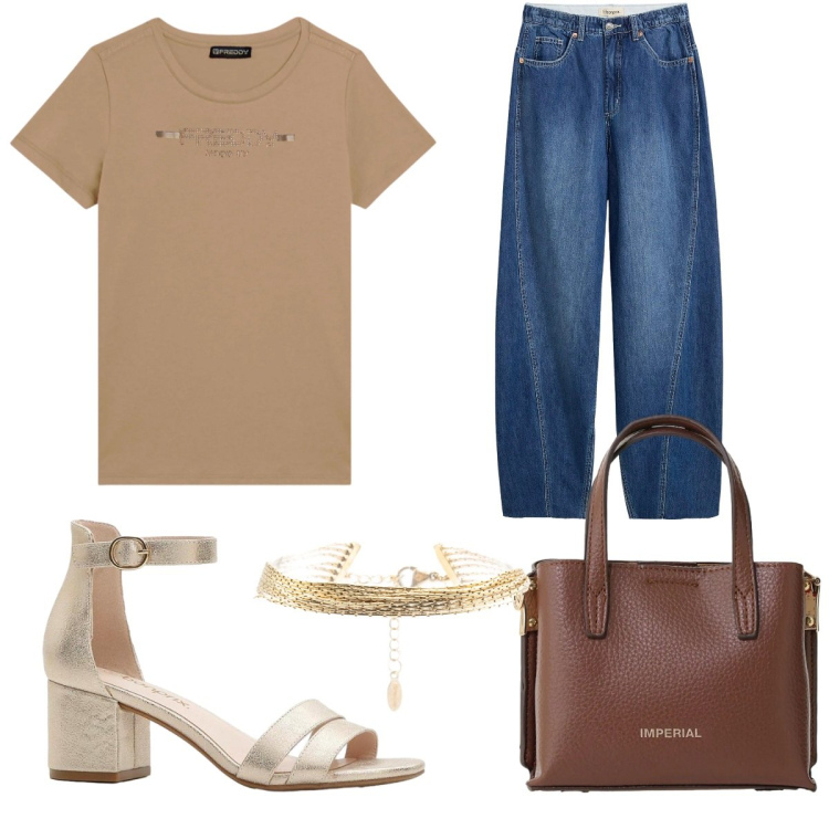 Outfit donna - Outfit per mia mamma e per le vostre. Stile Basic per Tutti i giorni. Abbinamento con jeans, sandali col tacco, borse a tracolla, braccialetti, t-shirt.