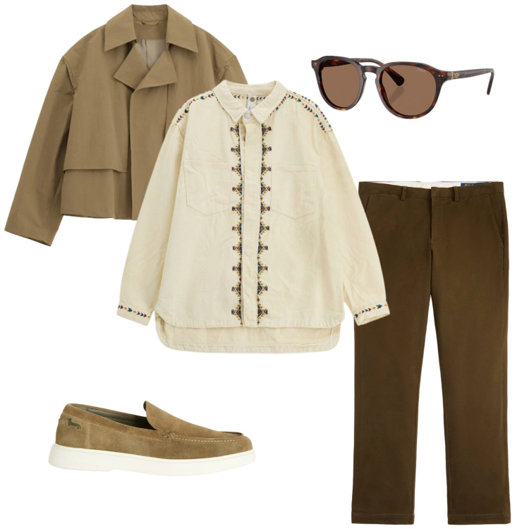 Outfit uomo - Casual Friday. Stile Casual per Ufficio. Abbinamento con camicie, cappotti, scarpe stringate, pantaloni chino, occhiali da sole.
