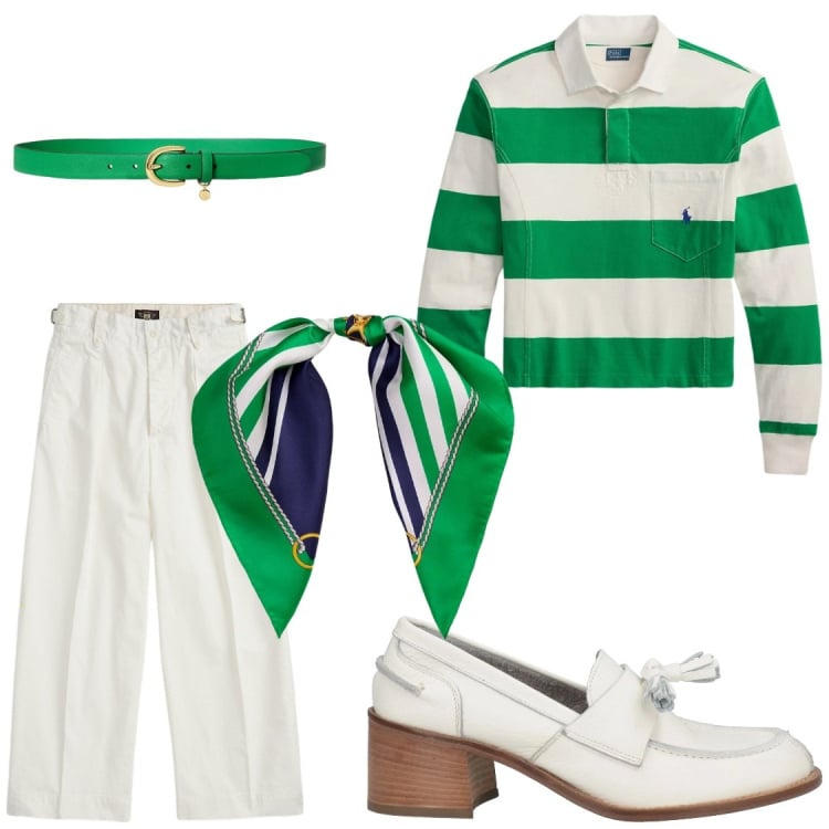 Outfit donna - Preppy Vibes: Emerald & White. Stile Preppy per Tutti i giorni. Abbinamento con mocassini, pantaloni, cinture, foulard, maglieria.