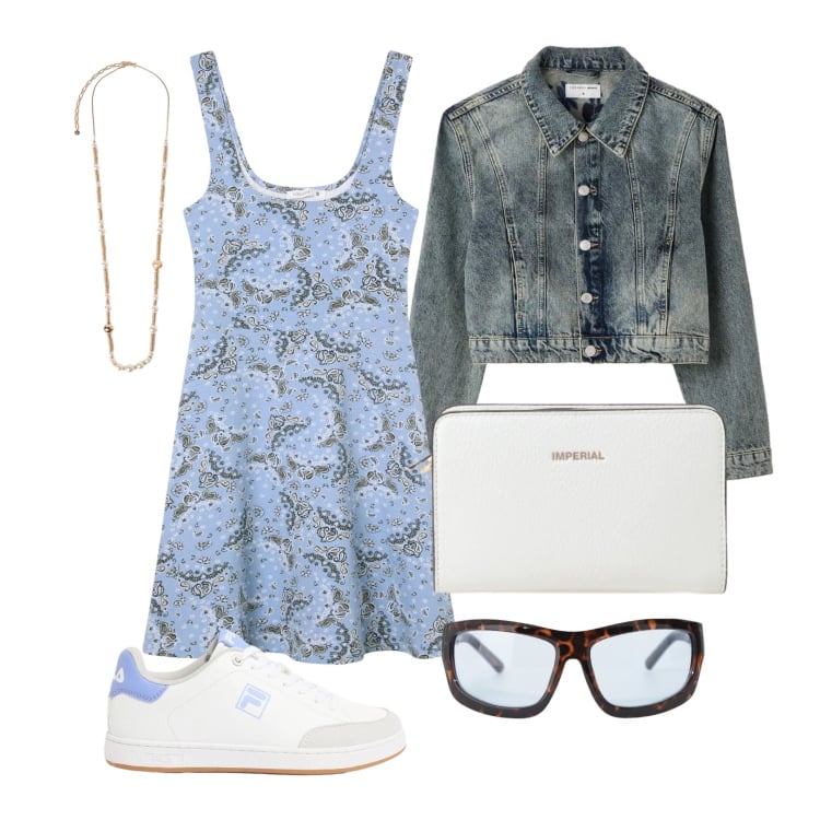 Outfit donna - Maggio. Stile Trendy per Tutti i giorni. Abbinamento con sneakers, vestiti corti, cappotti, occhiali da sole, borse a tracolla, collane.