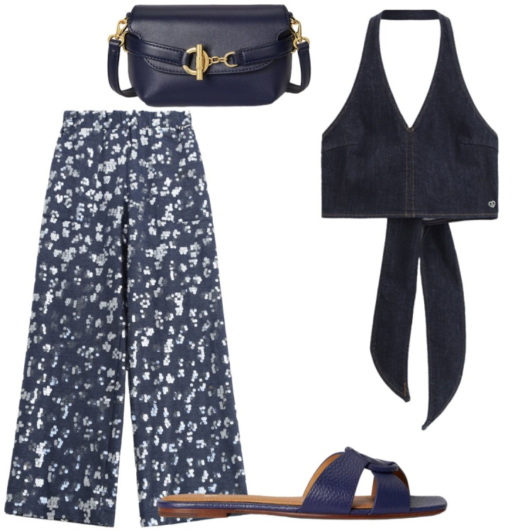 Outfit donna - ​Blue Bloom. Stile Chic per Serata fuori. Abbinamento con top, pantaloni a palazzo, borse a tracolla, sandali in pelle.
