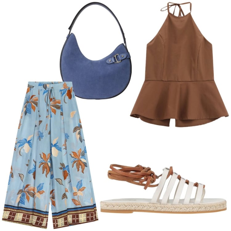 Outfit donna - Tra cielo e terra. Stile Glamour per Serata fuori. Abbinamento con espadrillas, pantaloni a palazzo, top, borse a spalla.