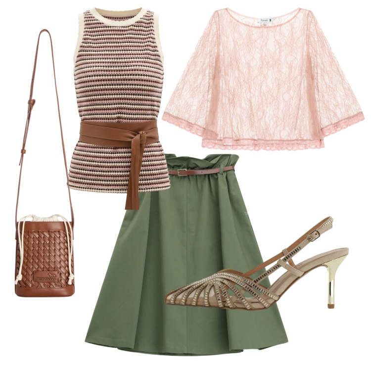 Outfit donna - Terra e cipria. Stile Casual chic per Ufficio. Abbinamento con borse a secchiello, top, gonne longuette, canottiere, décolleté.