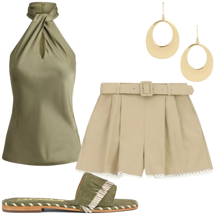 Outfit donna - Apericena#serate&AMICI. Stile Chic per Serata fuori. Abbinamento con shorts, bluse, orecchini, ciabatte.