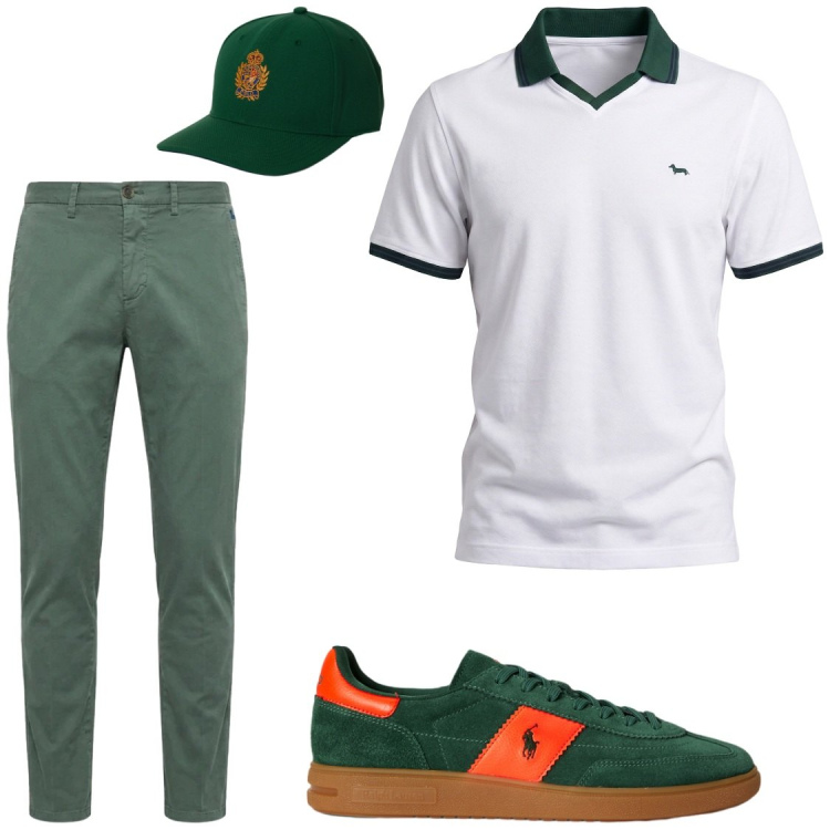 Outfit uomo - Dynamic Preppy Style. Stile Trendy per Serata speciale. Abbinamento con polo, pantaloni chino, sneakers, cappelli con visiera.