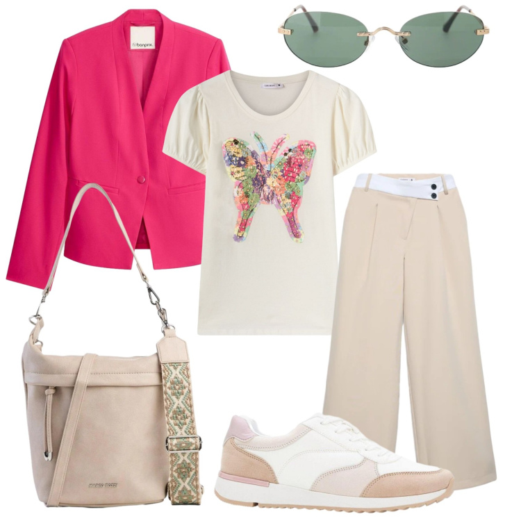 Outfit donna - Blazer per la primavera. Stile Casual chic per Tutti i giorni. Abbinamento con blazer, sneakers, borse a tracolla, t-shirt, pantaloni, occhiali da sole.