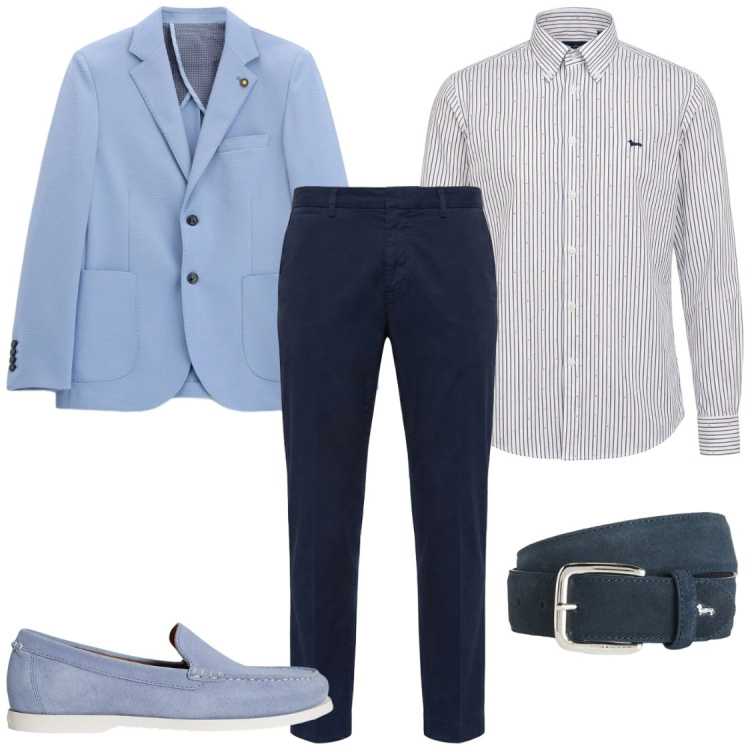 Outfit uomo - ​UrbanGentleman: Sfumature Celestiali. Stile Business/Elegante per Serata speciale. Abbinamento con giacche, cinture, pantaloni chino, camicie, scarpe stringate.