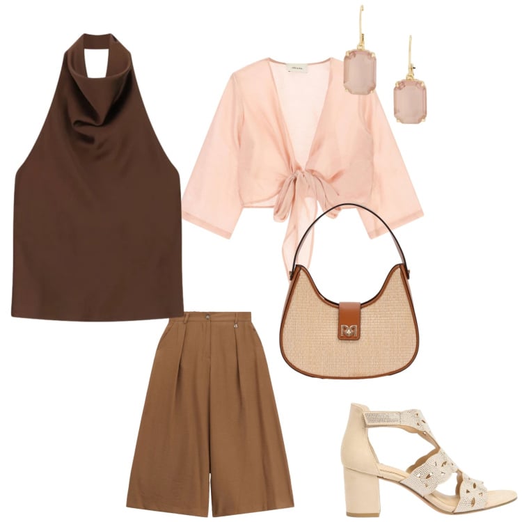 Outfit donna - Terra e cipria. Stile Casual chic per Serata fuori. Abbinamento con sandali col tacco, top, borse a spalla, bluse, pantaloni a palazzo, orecchini.