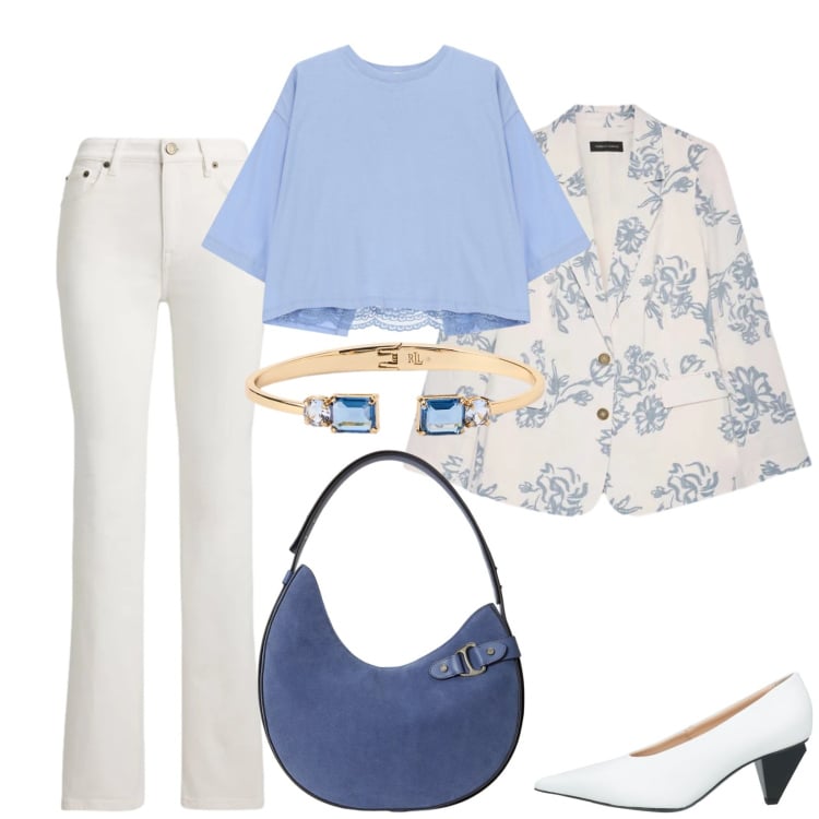 Outfit donna - Pranzo di lavoro. Stile Chic per Ufficio. Abbinamento con décolleté, top, blazer, jeans dritti, borse a spalla, braccialetti.