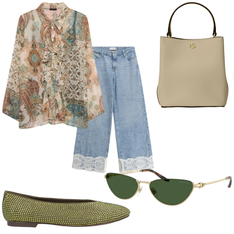 Outfit donna - Passeggiata a Roma. Stile Casual chic per Tutti i giorni. Abbinamento con ballerine, jeans, camicie, borse a secchiello, occhiali da sole.